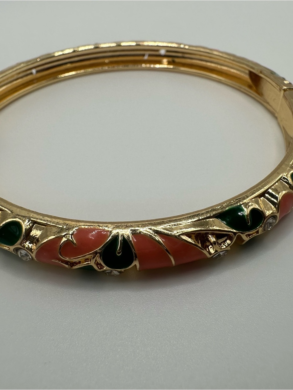 Gold-Tone Coral & Green Enamel Bangle Bracelet